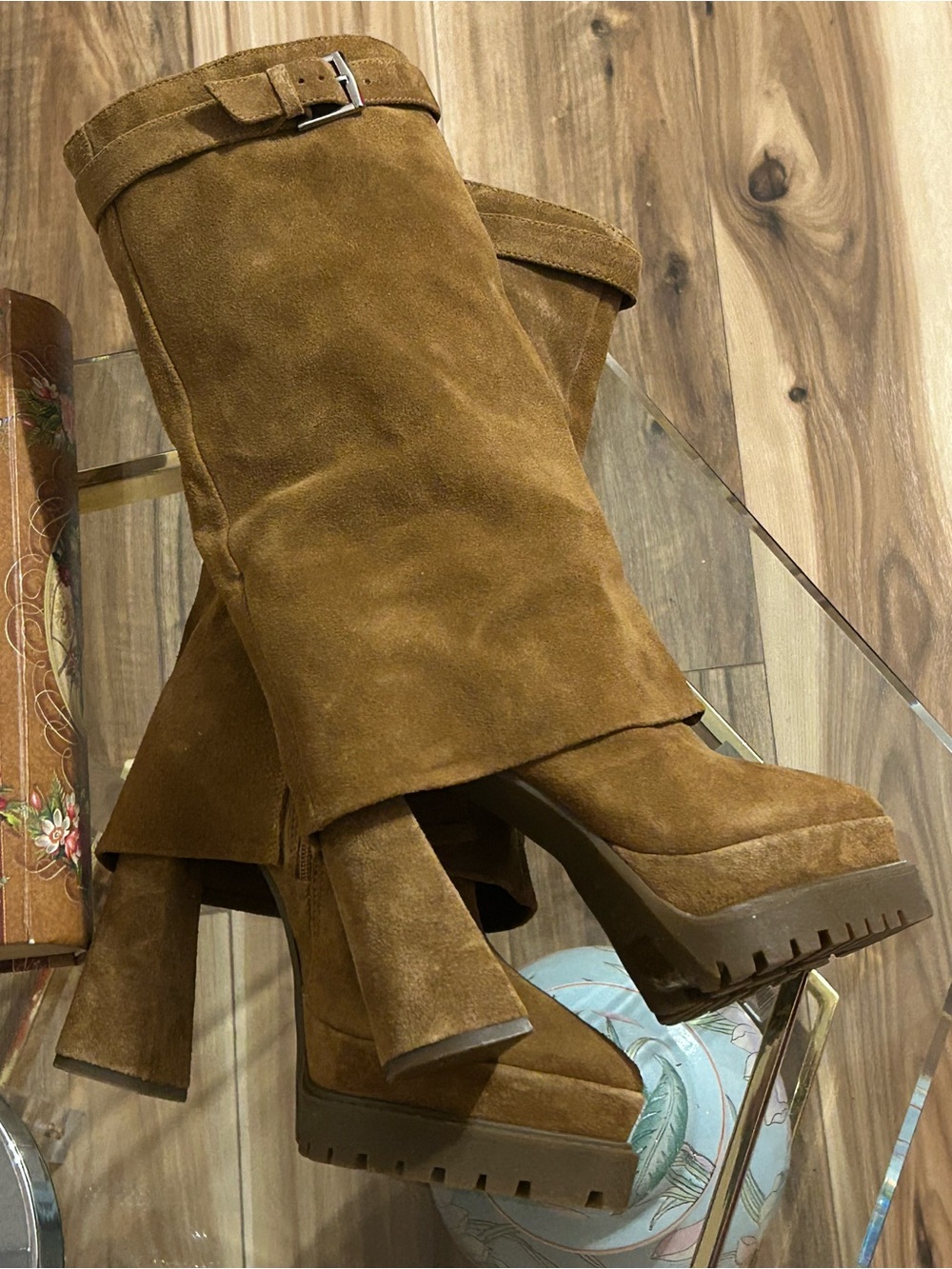 New Arezzo Tan Suede Platform Heeled Boots with Buckle Trim Side Zip Size 38